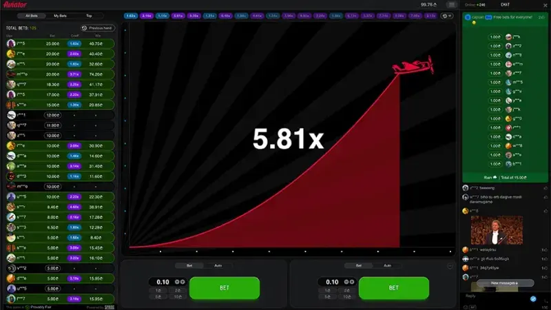 Interface do Aviator com multiplicador e painéis de apostas